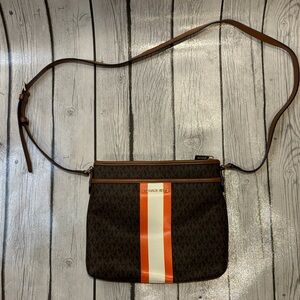 Michael Kors Brown and Orange Messenger Bag Bedford small logo stripe crossbody